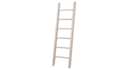 Simple light-colored wooden ladder with five rungs stands vertically against a clean white background, illuminated by soft studio lighting © no one