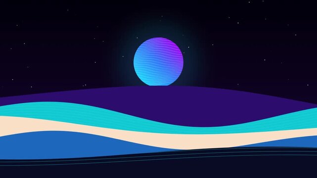 Minimalist synthwave landscape with glowing neon planet and wavy dunes in blue, purple, and peach tones for futuristic scifi background.