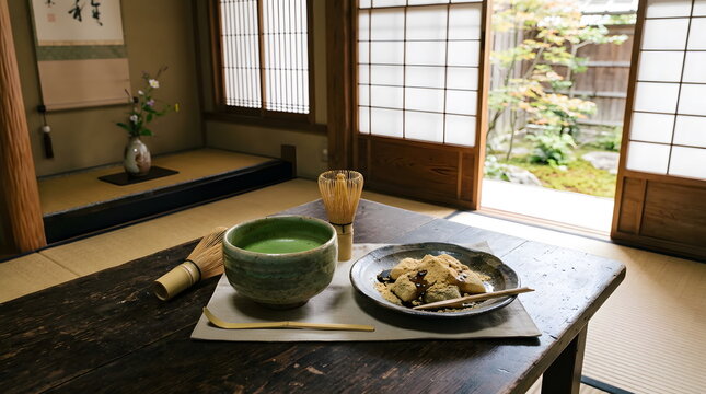 和室に置かれたわらび餅と抹茶
