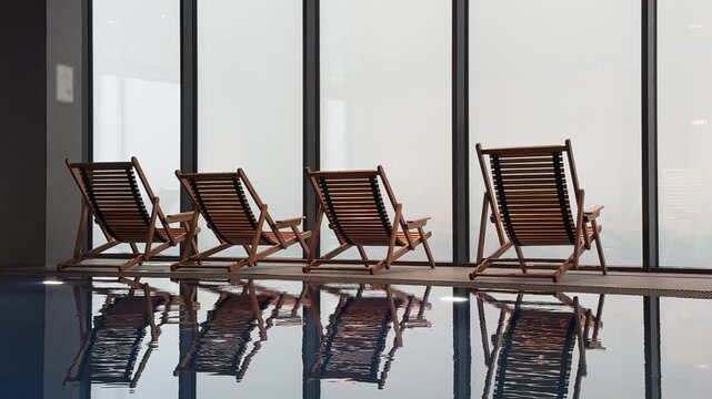 Wooden loungers and their reflection in a spa pool, creating symmetrical calm and tranquil luxury atmosphere.