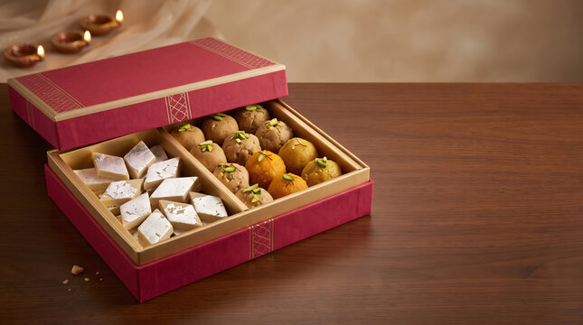 Premium Indian mithai gift box with kaju katli and laddoos for Diwali gifting.