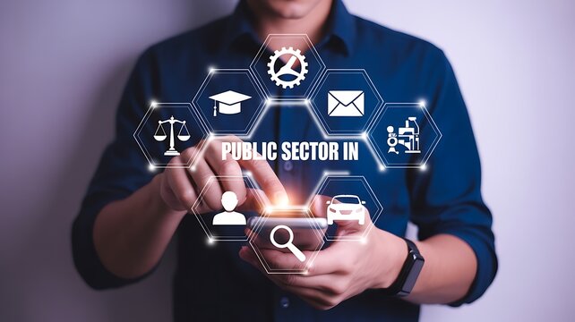 Public sector business concept with professional using digital interface showing government services, communication and administration