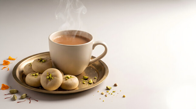 Steaming Indian chai paired with traditional pedha in an elegant Diwali food setting.
