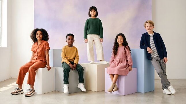high-end creative children's fashion studio photograph of five diverse children aged 7&ndash;12 positioned on minimalist geometric cubes at different heights, wearing modern colorful outfits