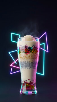 Layered Indian falooda dessert with vibrant neon lighting in a futuristic food scene.