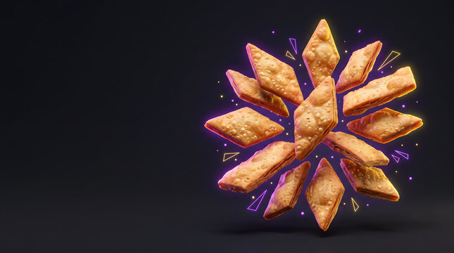 Crispy Indian namak para in a dynamic neon burst composition for snack advertising.