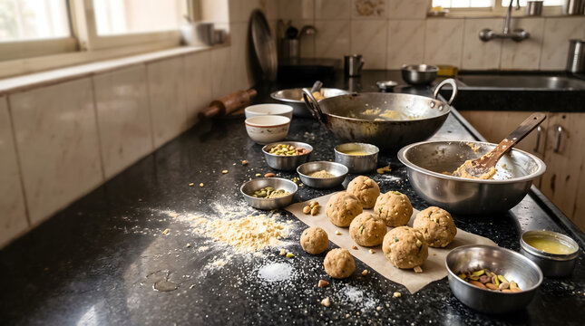 Authentic homemade laddoo preparation in a messy Indian kitchen during Diwali.