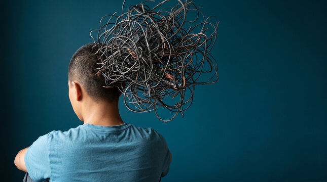 A child's head is entangled with chaotic wires, symbolizing confusion and overwhelming thoughts, representing mental struggle or complexity