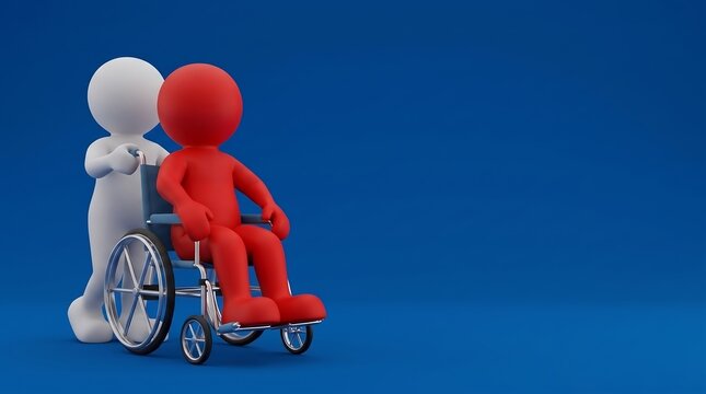 White character pushing a red figure in a wheelchair against a blue background with copy space