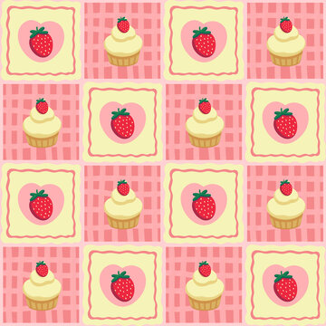 Hand drawn cute cartoon strawberry cupcake seamless pattern