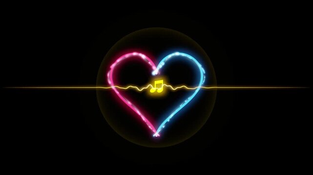 Neon glowing heart with yellow music note and heartbeat pulse waveform on black background