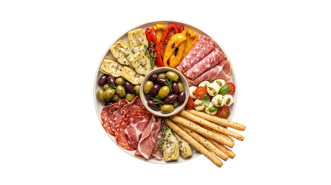 Italian antipasto platter with cured meats and olives, mediterranean appetizer board with prosciutto and grilled vegetables, gourmet charcuterie plate isolated PNG with Transparent Background