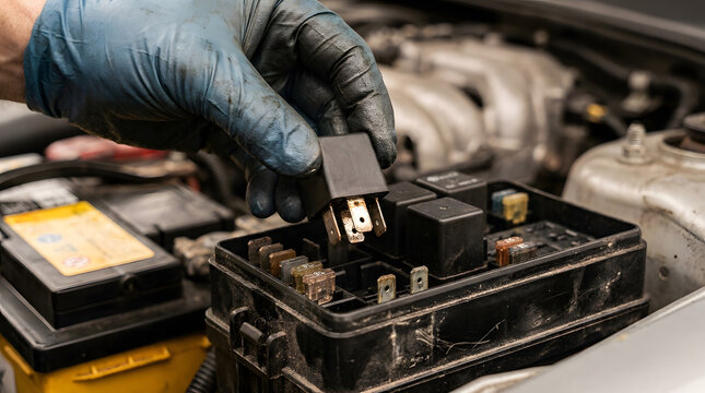A mechanic with dirty blue work gloves replacing a faulty automotive relay switch in the car fuse box, close-up view of hands working on engine electrical components for vehicle maintenance repair 