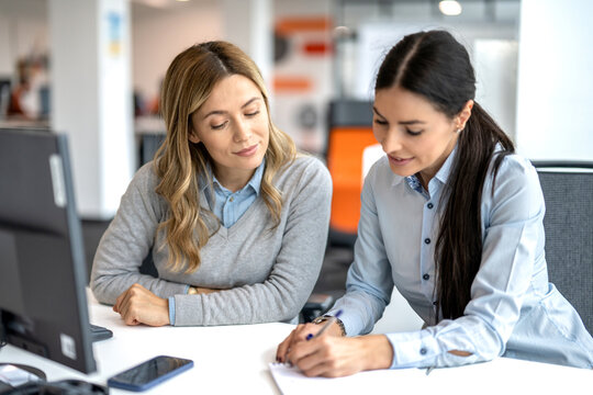 Two businesswomen sitting at desk discussing project and writing notes in office