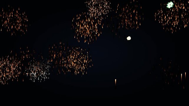 Cinematic colorful willow fireworks cascade across a dark night sky with long hanging trails, glowing sparks, falling embers and delayed secondary bursts in a seamless 4K loop.