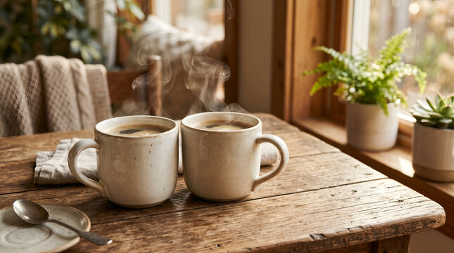 Two steaming mugs of coffee on a rustic wooden table by a window