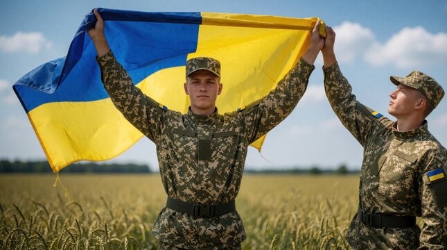 Two Ukrainian soldiers in uniform hold national flag aloft in wheat field. Stand proudly under blue sky, patriotism, fight for freedom. Stance conveys resilience, national pride.