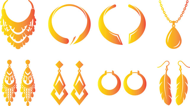Golden Orange Luxury Jewelry Vector Icon Collection Featuring Statement Necklaces, Teardrop Pendant, Bangles, Choker, Geometric Earrings, Hoops, and Feather Dangles