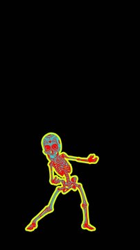 Seamless vertical video of a thriller dancing skeleton with cartoon effect. Funny Halloween background isolated with alpha channel