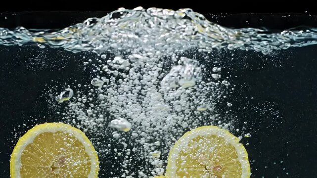 Fresh lemon slices falling into clear water with bubbles and splashes isolated on black background
