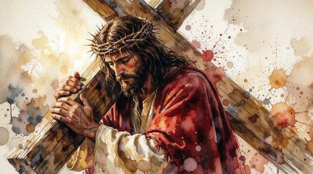 Jesus carries large wooden cross. Man wears thorny crown, red robe. Spiritual figure bears heavy burden. Watercolor art shows suffering and sacrifice on his path.