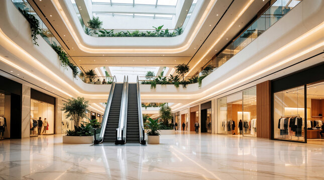 Modern shopping center interior with escalators, green plants. People walk through bright retail space, browse stores, enjoy clean, elegant atmosphere. Venue offers shopping leisure, urban commerce.