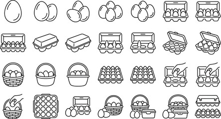 Fototapeta premium Egg Box Icon Set with Basket Carton and Farm Food Product Line VectorsEgg Box Icon Set with Basket Carton and Farm Food Product Line Vectors
