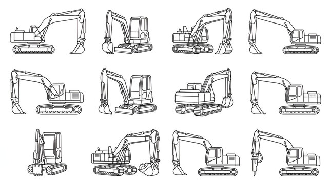 Minimalist Line Art Grid of Heavy Excavators and Diggers Collection