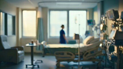 Fototapeta premium Hospital room interior featuring a patient bed and medical equipment in soft focus. A healthcare professional stands near the window in this quiet clinical environment.