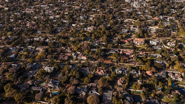 Aerial view of a dense residential suburban neighborhood in Johannesburg, Gauteng, South Africa.