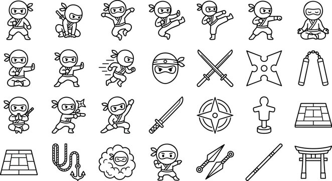 Ninja Icon Set with Martial Arts Warrior and Weapon Line Art VectorsNinja Icon Set with Martial Arts Warrior and Weapon Line Art Vectors