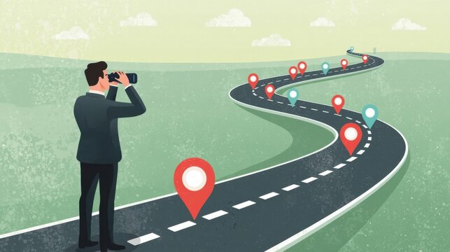 Un empresario que usa binoculares para mirar a lo lejos por una carretera sinuosa cubierta de coloridas chinchetas