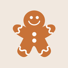 Obraz premium Cute gingerbread man icon. Sweet Christmas cookie character with smiling face expression, white glaze decoration for winter holiday card, sticker. Flat design. Isolated. White background. Vector