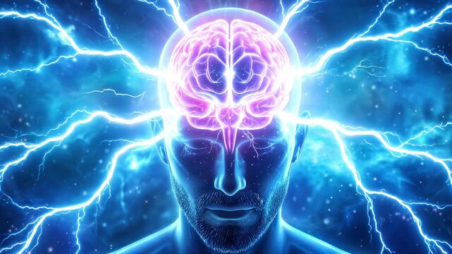 Human brain glowing with electrical energy against cosmic background. Concept of artificial intelligence and neural activity. Lockdown close-up shot.