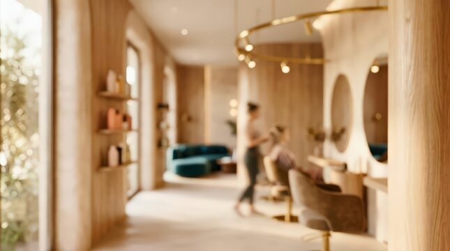 Softly blurred interior of a high-end hair salon with warm wooden textures and minimalist decor. A professional stylist works with a client in a bright, airy space with circular mirrors.