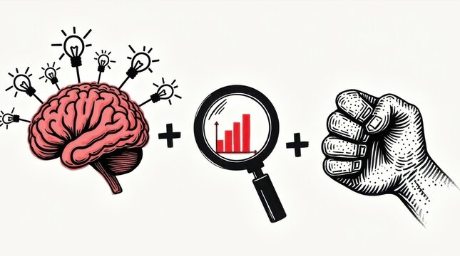 Collage de estrategia empresarial que muestra un cerebro dibujado a mano con conexiones en forma de bombilla y una lupa examinando un gr&aacute;fico