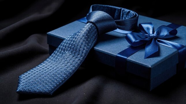 Elegant blue necktie sits atop a matching gift box with a satin bow. Dark background accentuates formal accessory. Perfect present for Father Day. Sophisticated men fashion item.