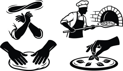 Obraz premium Pizzeria Chef Silhouette Set Featuring Artisan Pizza Making Steps from Kneading and Tossing Dough to Brick Oven Baking and Garnishing with Fresh Basil Leaves