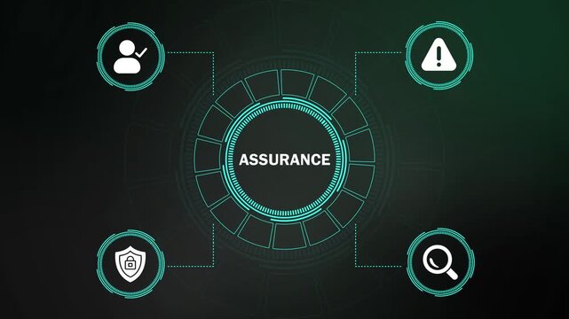 assurance concept with digital hud infographic elements. futuristic hud interface showing assurance and risk assessment. corporate compliance and data safety digital dashboard animation.
