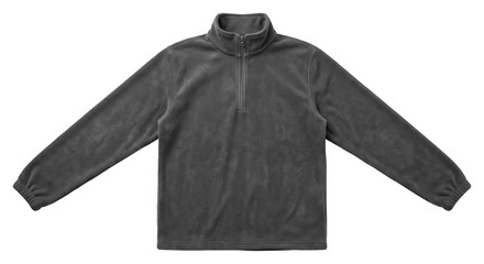 Dark gray fleece pullover with a quarter-zip collar is neatly displayed on a clean white background, showcasing its soft texture and casual style © no one