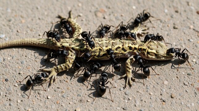 Ants swarm over dead lizard carcass on rough concrete surface. Group of insects work together carrying food. Macro detail of wild nature scene.