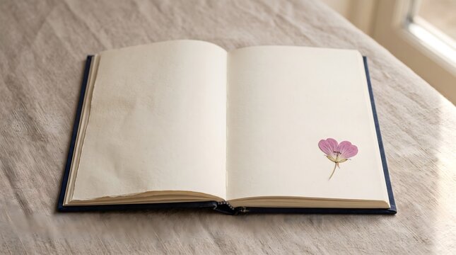 Open journal with heart shaped pressed flower, self reflection and solo love wellness concept