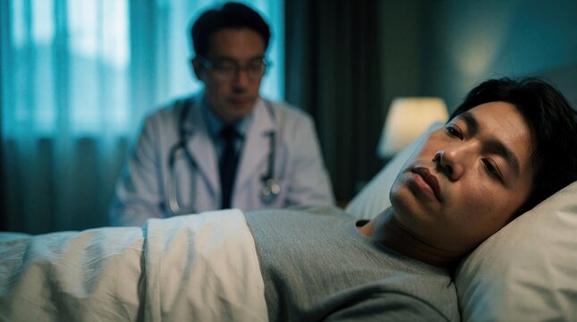 Sick Asian man rests in bed. Concerned doctor sits nearby providing care. Patient looks unwell in dim room light. Healthcare pro offers support.