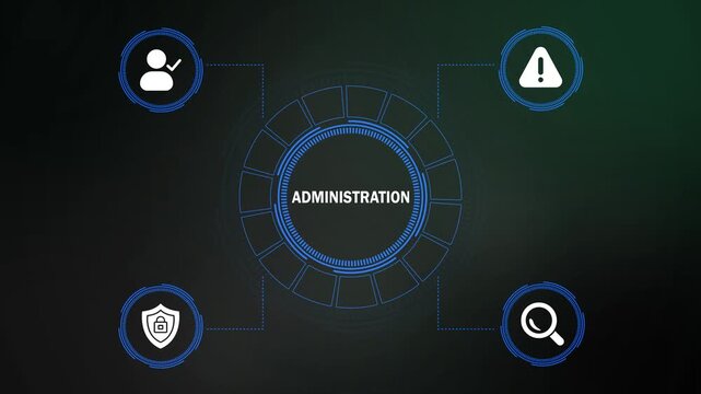 digital administration user interface dashboard animation. business management control panel with data icons animation. abstract technology hud dashboard with admin icons looping graphic.