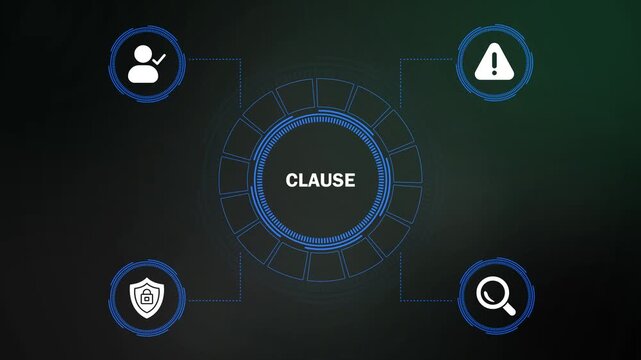clause concept infographic with digital interface icons. data security and contract terms interface motion graphic. abstract technology dashboard for legal document analysis.
