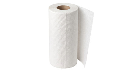 Fototapeta premium Single roll of white paper towels with a textured surface stands upright on a clean white background