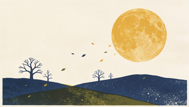 Risograph Autumn Harvest Moon and Hills Landscape with Copy Space
