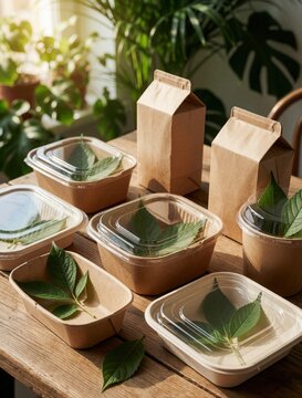 Eco friendly disposable food containers on rustic wooden table. Biodegradable paper lunch boxes with clear lids, green leaves. Sustainable takeaway packaging set for organic meal service in bright