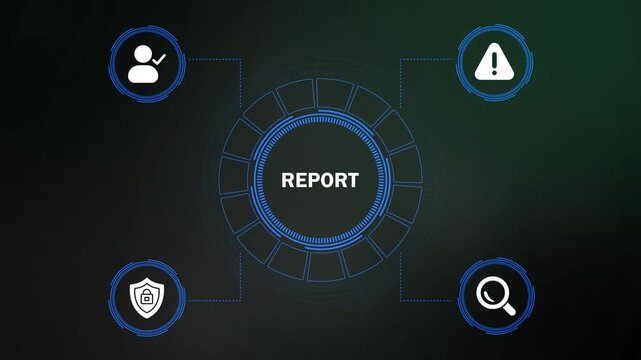 digital report analysis hud with security and search icons for business data insights. abstract hud interface showing data processing and user authentication for digital solutions.