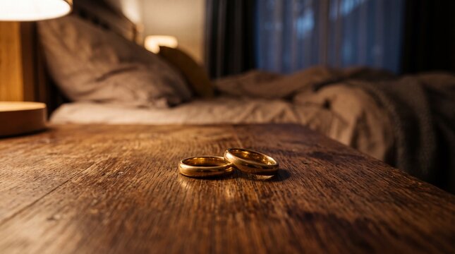 Gold wedding rings on a wooden nightstand for a good night love theme
